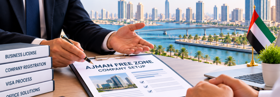 Ajman Free Zone company setup consultation with business registration documents and UAE flag