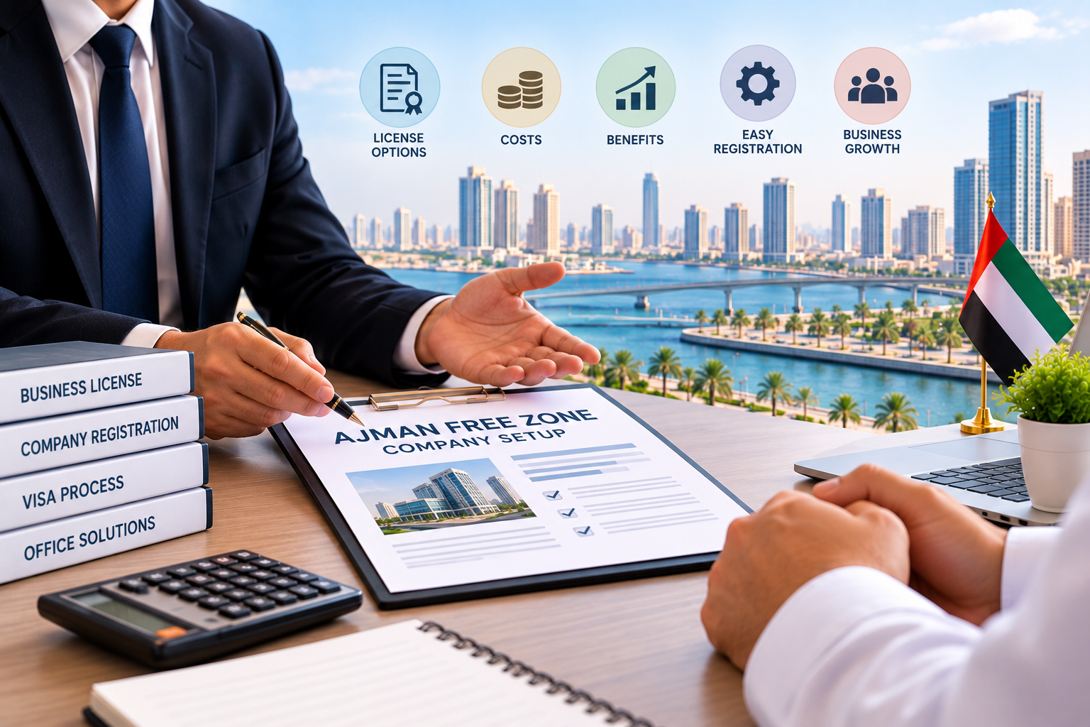 Ajman Free Zone company setup consultation with business registration documents and UAE flag